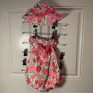 Janie and Jack Pink and Green Floral Romper Onesie & Hat Matching Set Size 3-6m